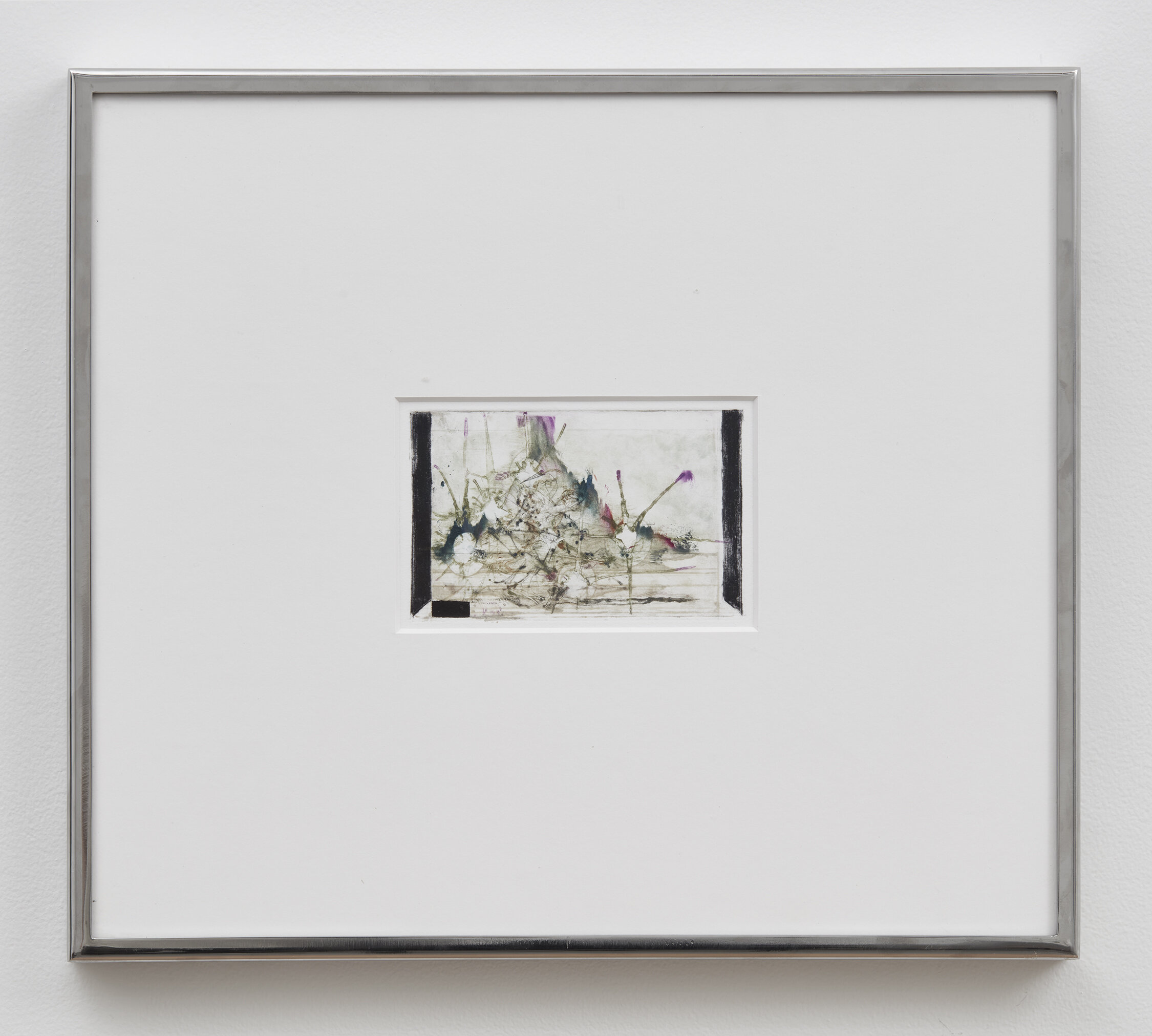 Jan Hüskes, <i>Festhalle I</i>, 2024. Multilayered intaglio on paper, Stainless steel frame, 16 x 18 1/8 in (40.5 x 46 cm)